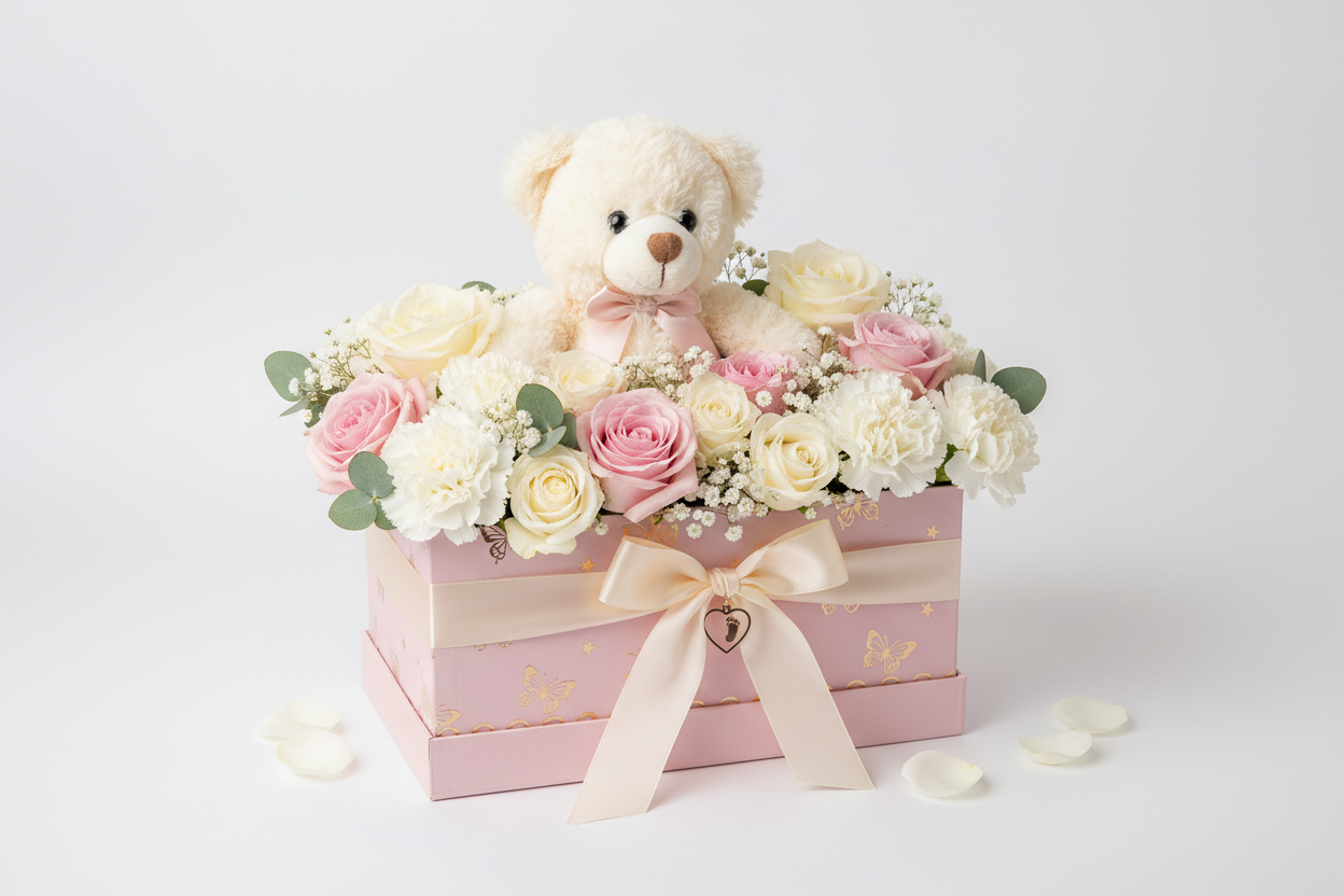 Baby girl teddy box filled with flowers