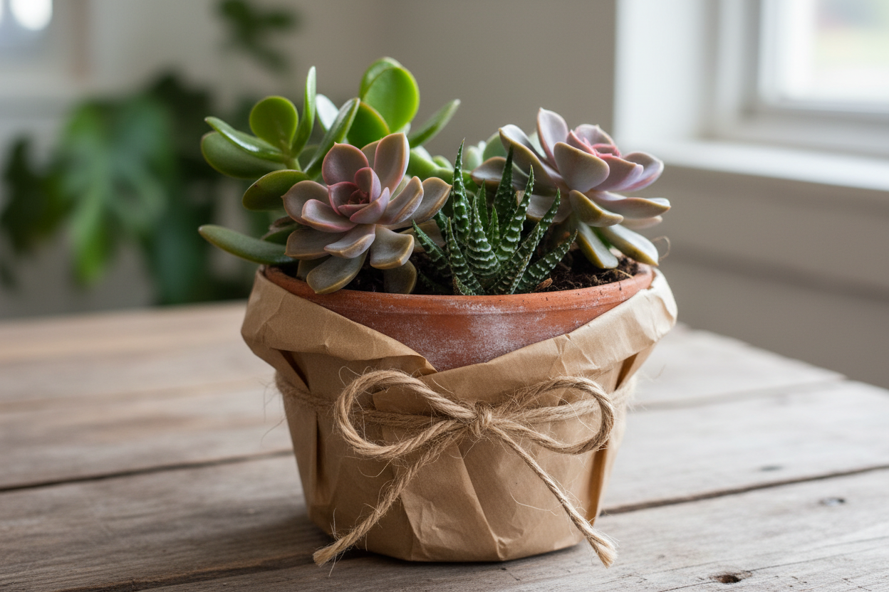 Best mix succulents wrapped as gift, make it also less ai generated