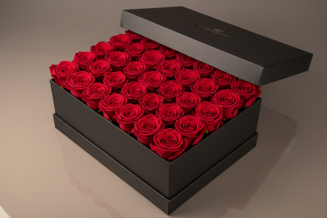 Box red roses in a black box