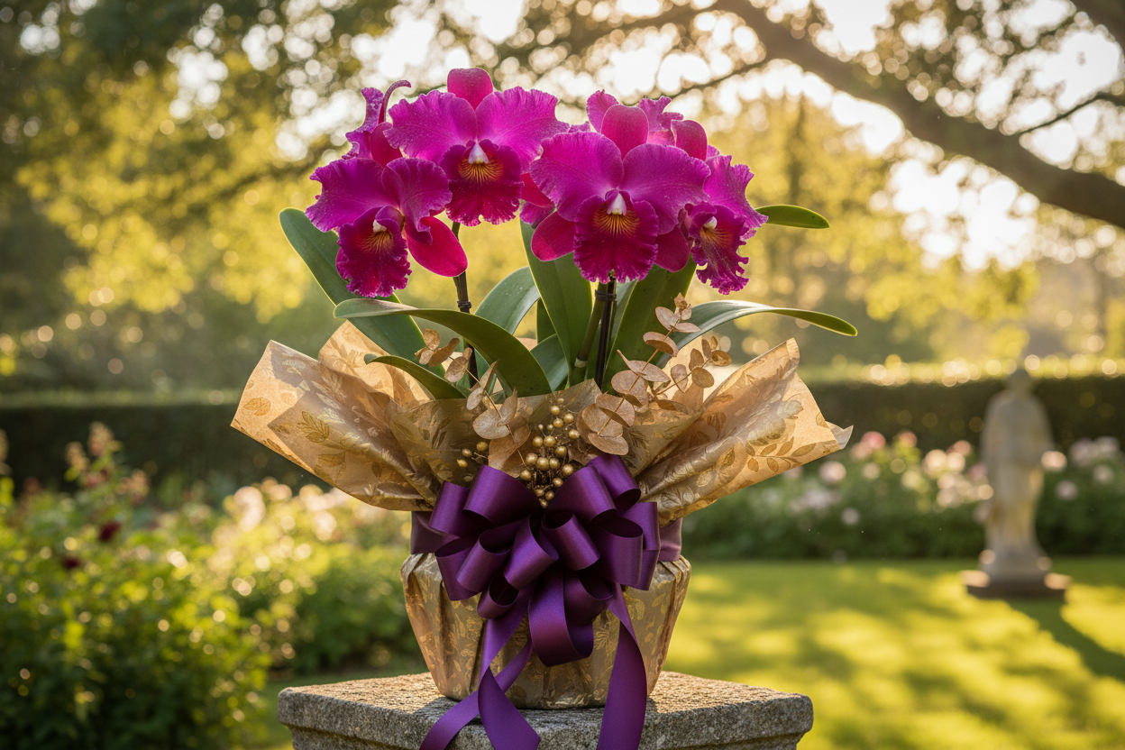 Cattleya orchid wrapped as gift in sunshine
