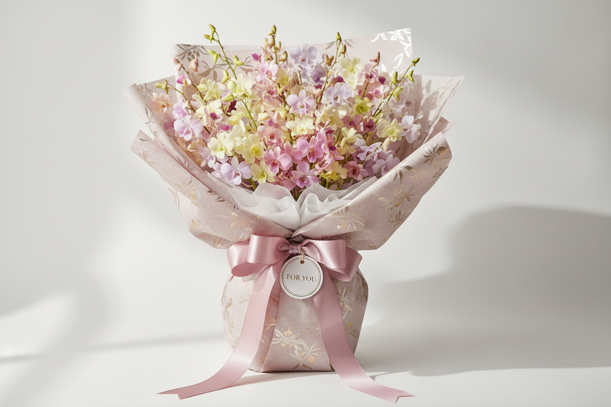 Dendrodium little orchids wrapped as gift