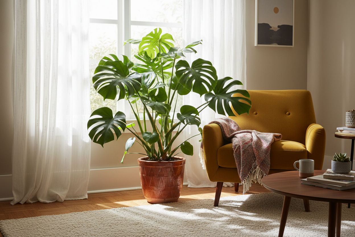 Monstera Deliciosa in a corner of a house next to a window