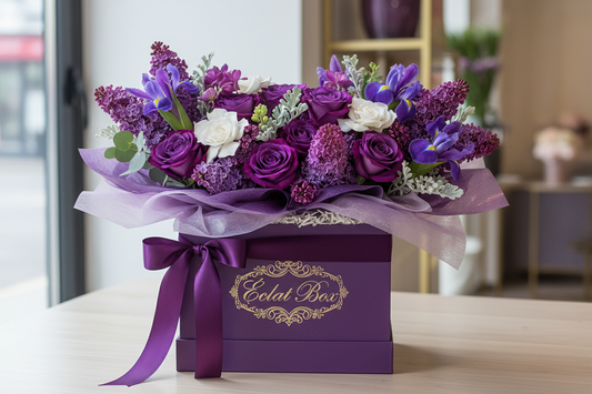 Purple Éclat Box flowers wrapped as gift