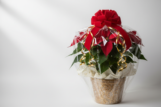 Red poinsettia plant wrapped as gift