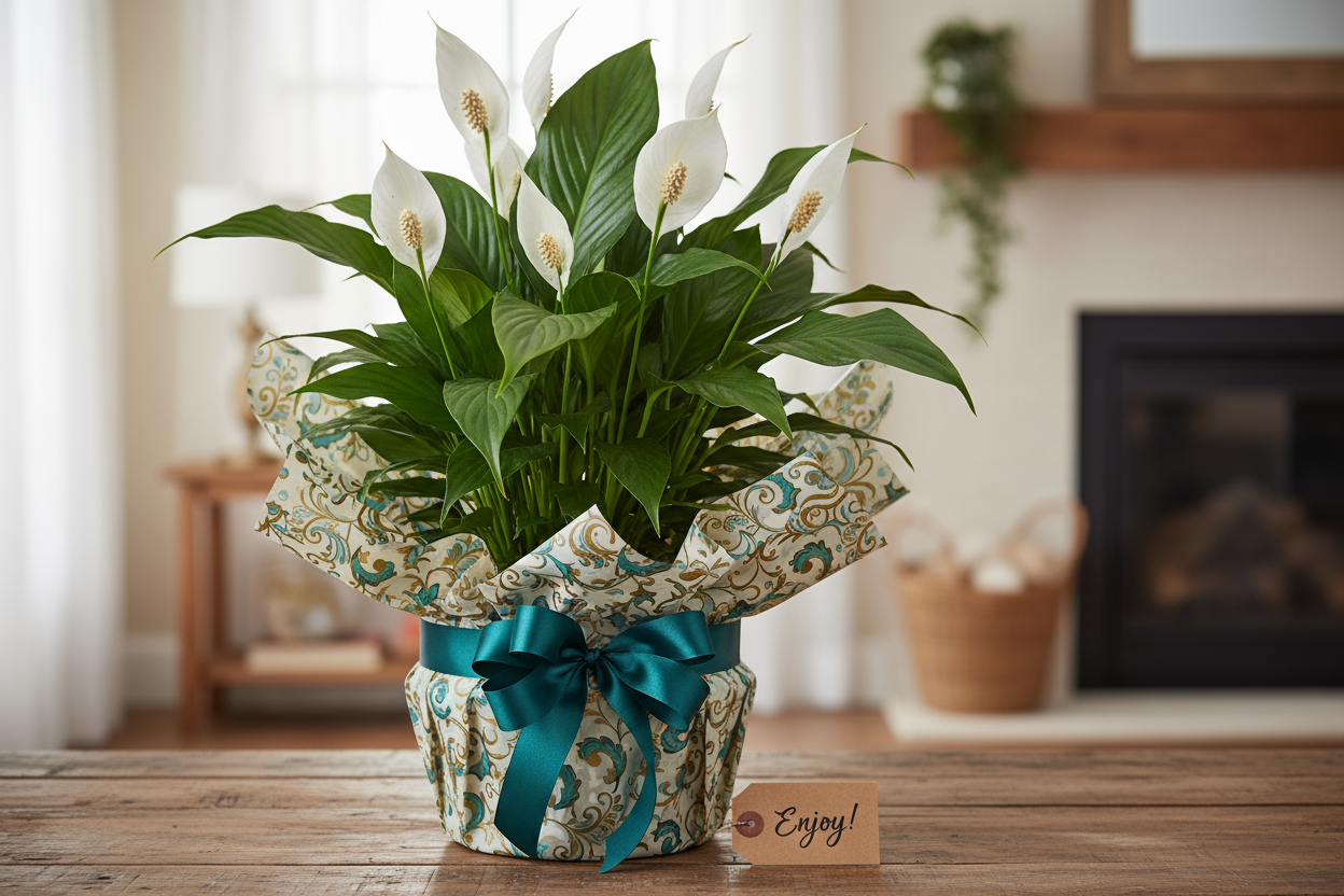 spathiphyllum wrapped as gift